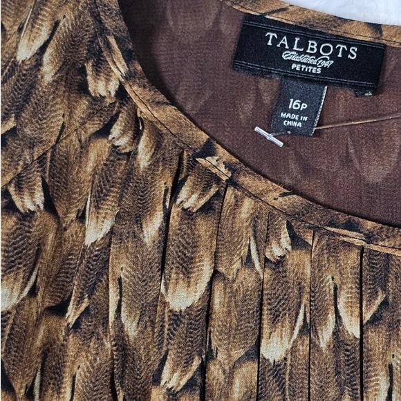 Talbots Feather Print Pleated Sleeveless Brown Blouse Top Women's Petite 16 Nwot - Picture 10 of 10